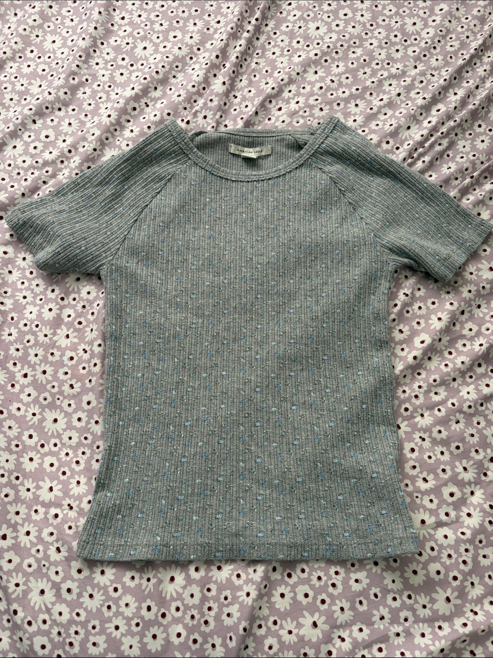 American Eagle Outfitters Gray Ribbed Knit Tee with Blue Flecks